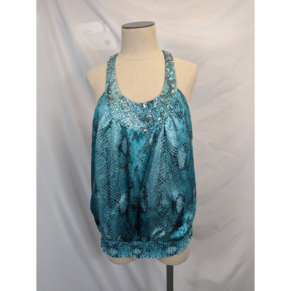 Y2K Apt 9 Halter Top Women's Large Blue‎ Snakeskin Beaded Neckline Smocked Waist